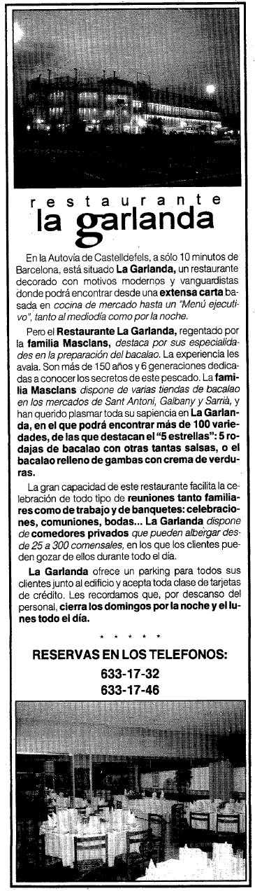Anunci del restaurant 'La Garlanda' de Gav� Mar publicat al diari EL MUNDO DEPORTIVO (28 d'Abril de 1998)
